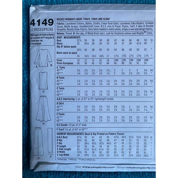 Simplicity 4149 Sewing pattern tunic pant skirt scarf size 20w-28w - Picture 4 of 5